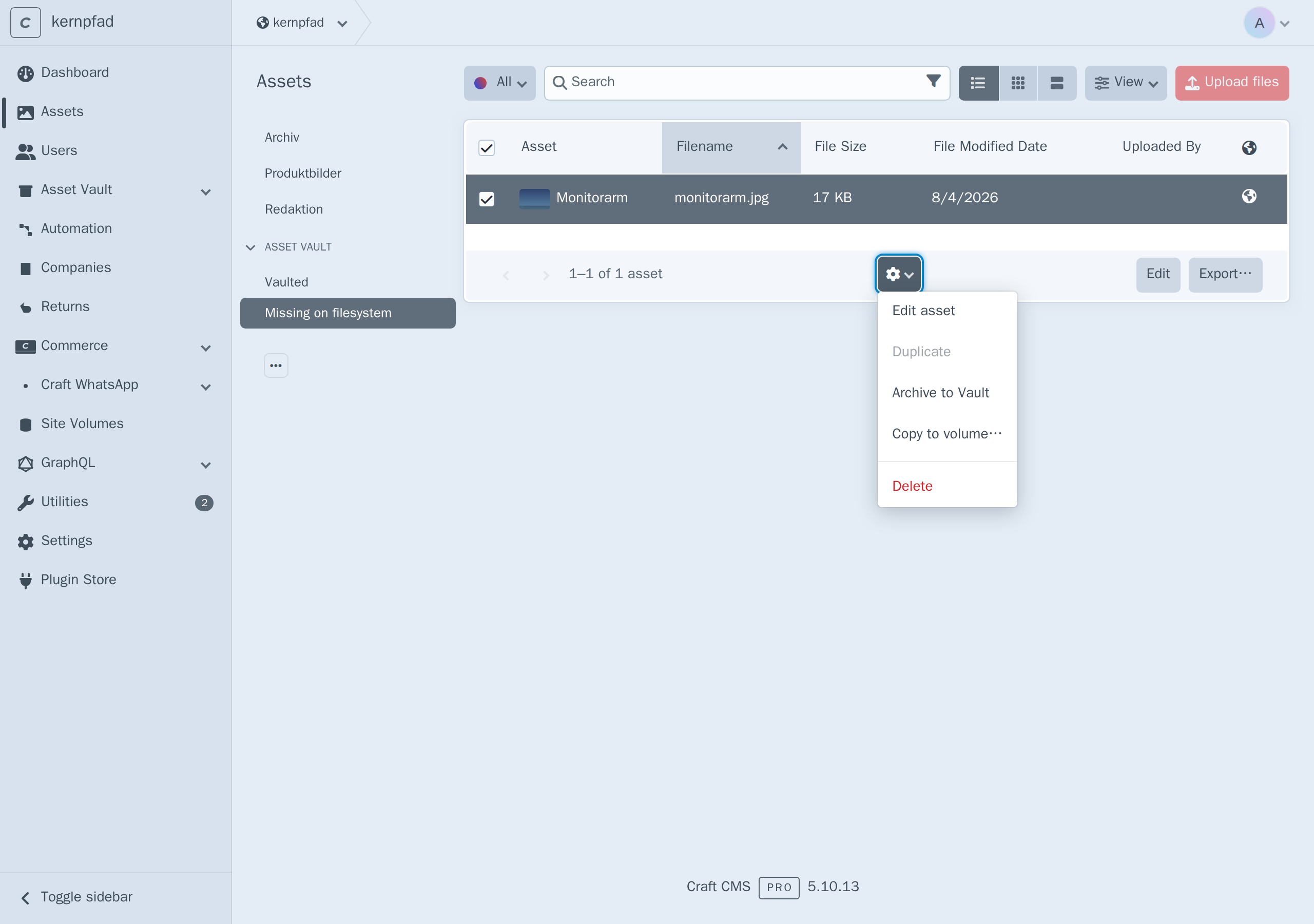 The Assets index bulk actions menu with Archive to Vault, alongside Copy to volume… and Delete