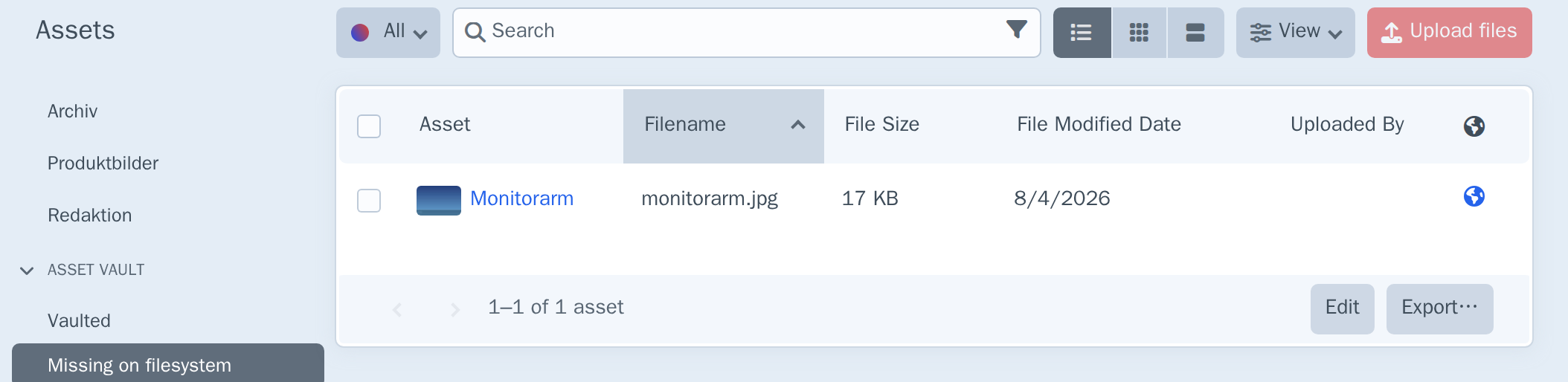The Assets index Missing on filesystem source, listing a live asset element whose file is gone from the volume