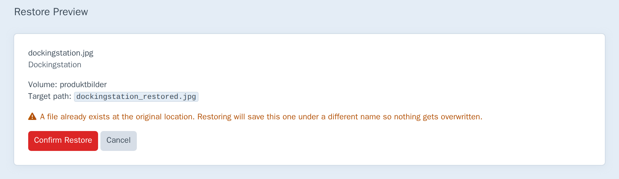 Restore Preview for dockingstation.jpg: target path dockingstation_restored.jpg, with a warning that a file already exists at the original location