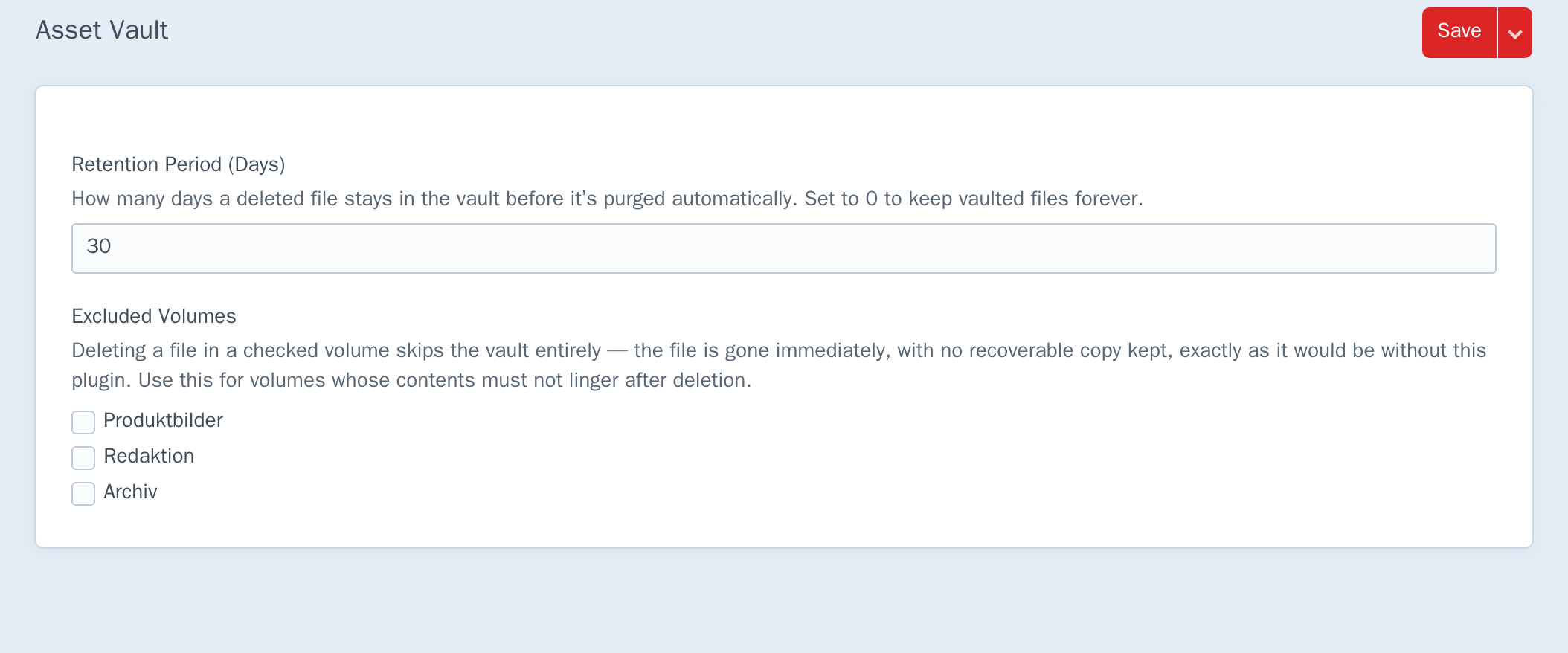 The Asset Vault settings screen with retention period and excluded volumes