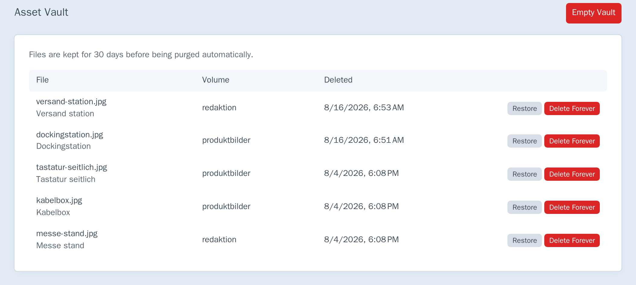 The Asset Vault section listing five vaulted files with Restore and Delete Forever buttons