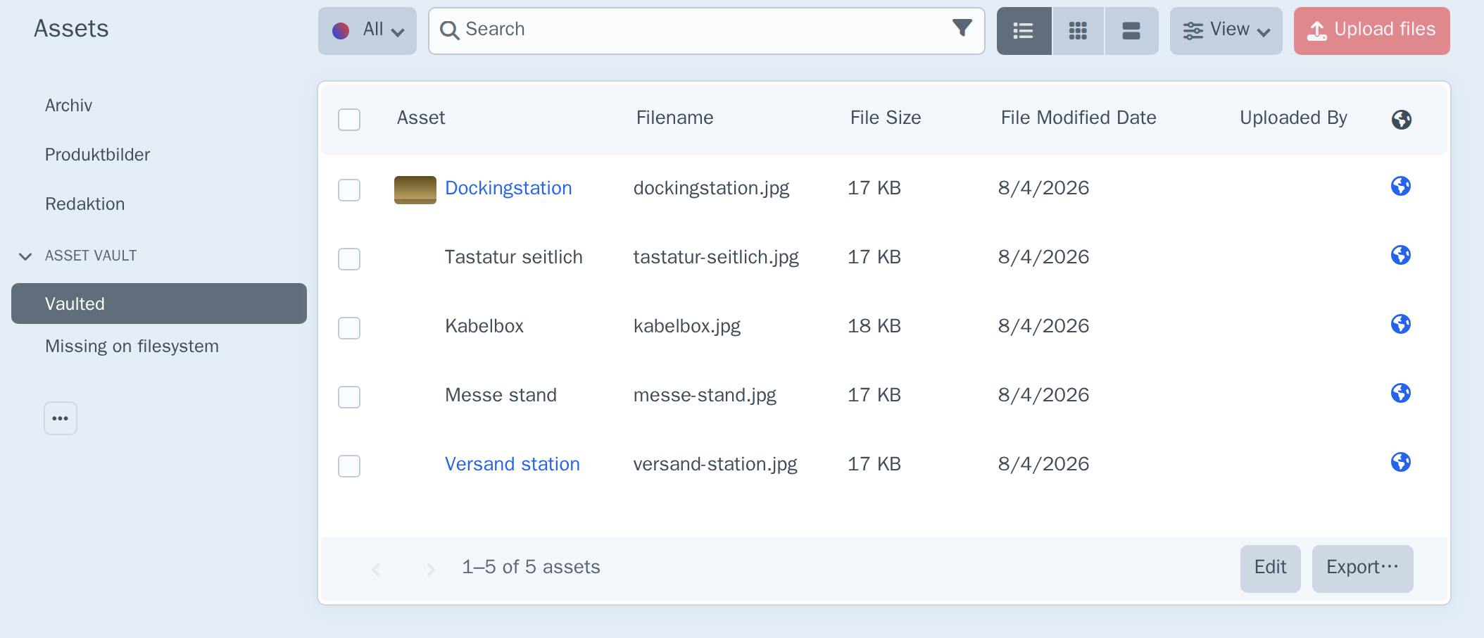 The Assets index Vaulted source listing every asset with a current vault copy