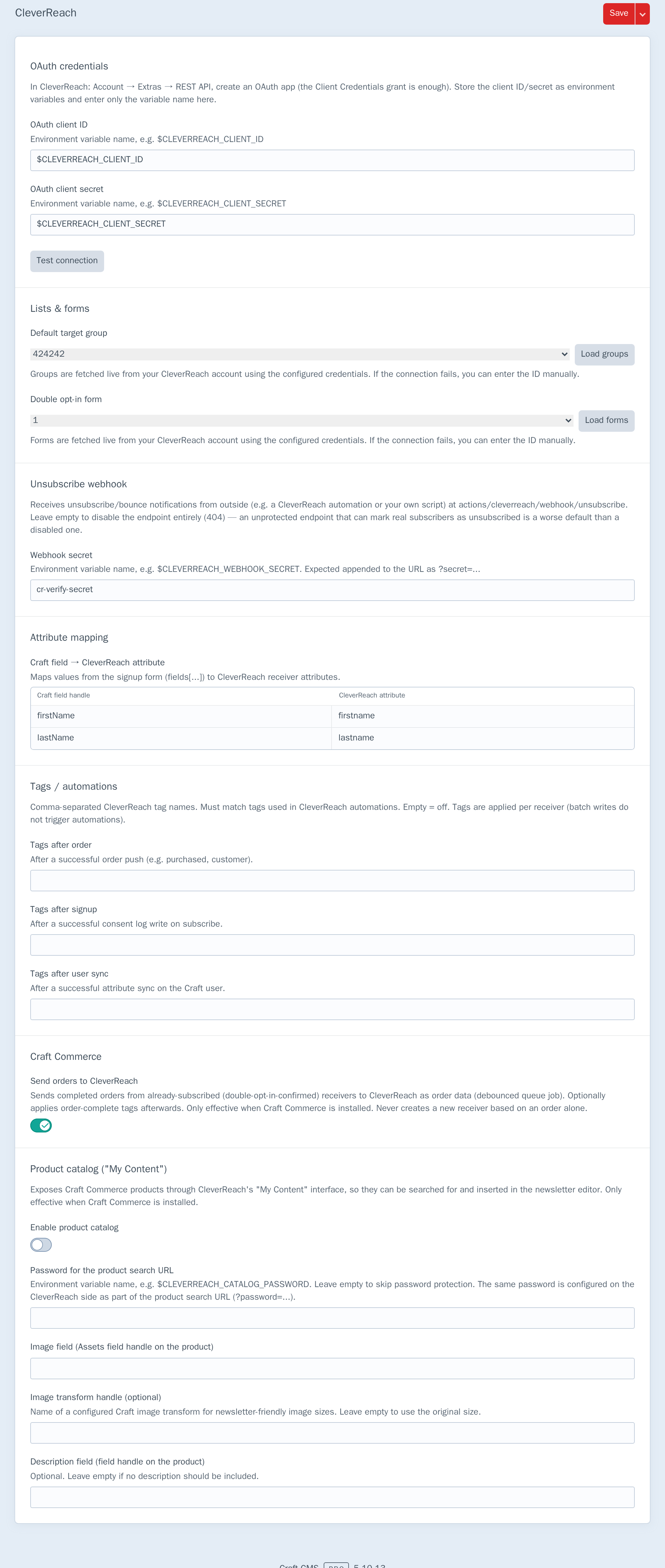 CleverReach plugin settings with OAuth env-var references and a Test connection button, live group/DOI form pickers, unsubscribe webhook secret, attribute mapping, tags for automations, and Commerce order-push / catalog toggles