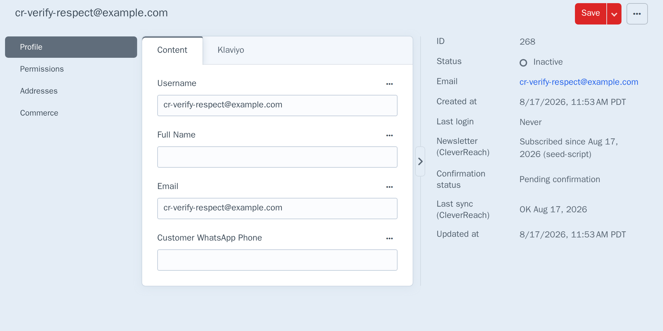 User edit screen showing Newsletter (CleverReach) subscribed since date, Confirmation status confirmed, and Last sync OK