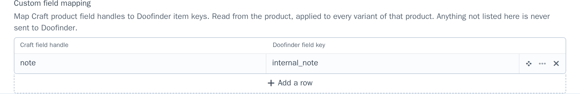 The custom field mapping table with one row: Craft field "note" mapped to Doofinder key "internal_note"
