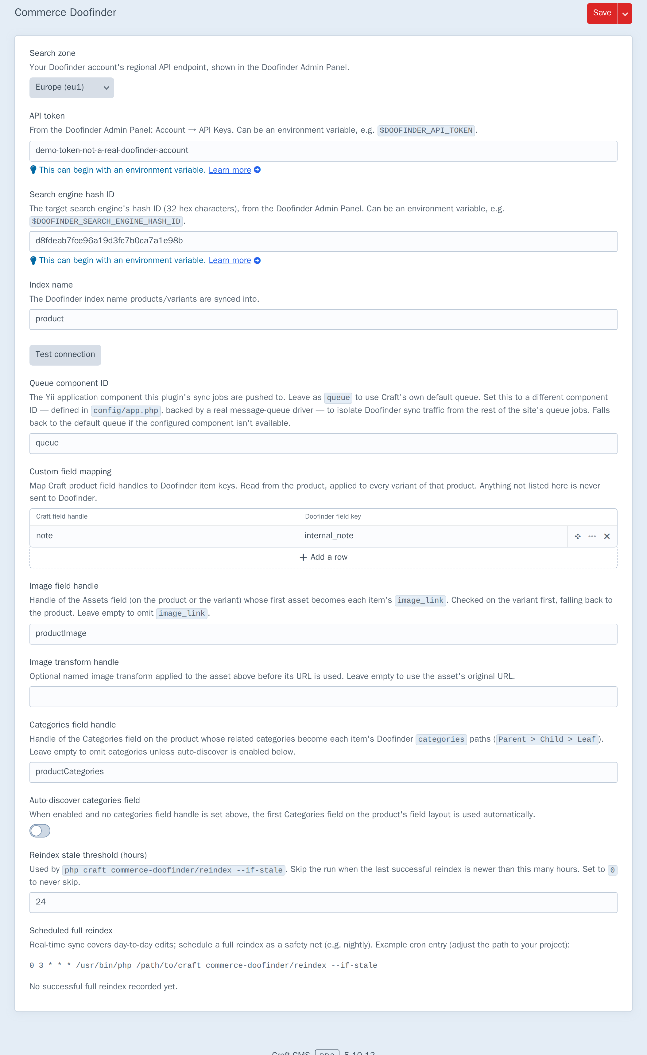 Commerce Doofinder plugin settings: search zone, API token, hash ID, index name, Test connection button, queue component, custom field mapping table, image and categories fields, reindex threshold, and last sync / reindex status
