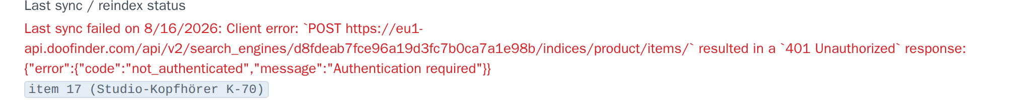Last sync / reindex status on the Commerce Doofinder settings screen, showing a recorded success or failure with timestamp and detail
