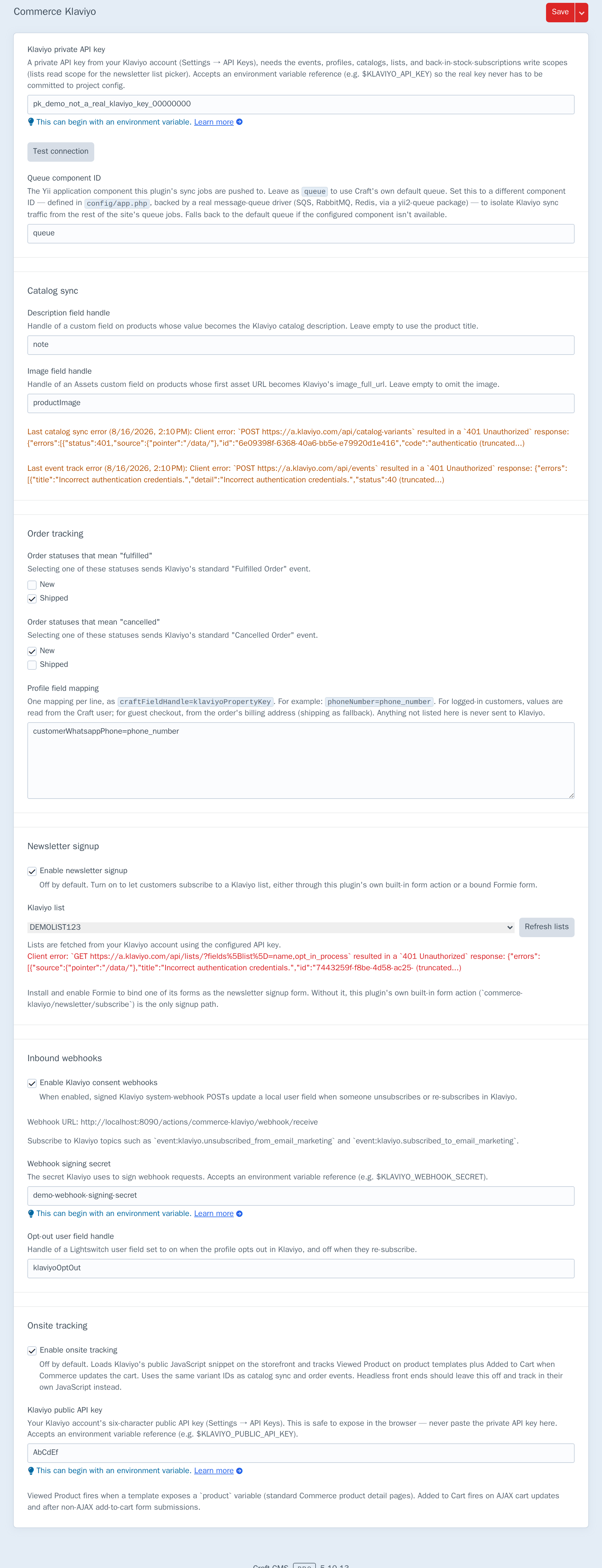 Commerce Klaviyo plugin settings: API key with Test connection, catalog sync fields with real recorded errors, order status mapping, profile field mapping, newsletter list picker, webhook settings, and onsite tracking