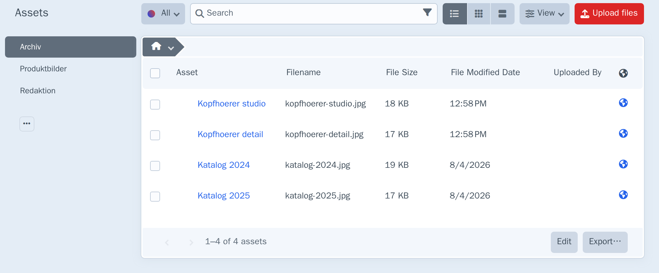The Assets index on the primary site, showing Archiv selected first, ahead of Produktbilder and Redaktion