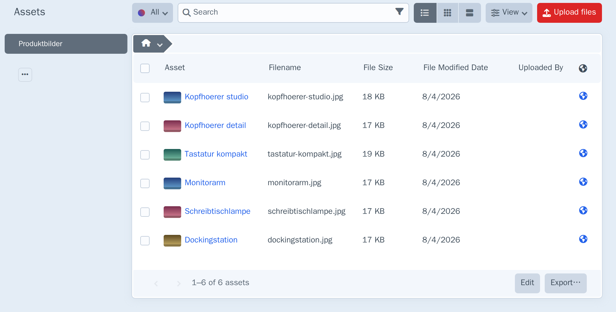 The Assets index on the English site, showing only the unrestricted volume