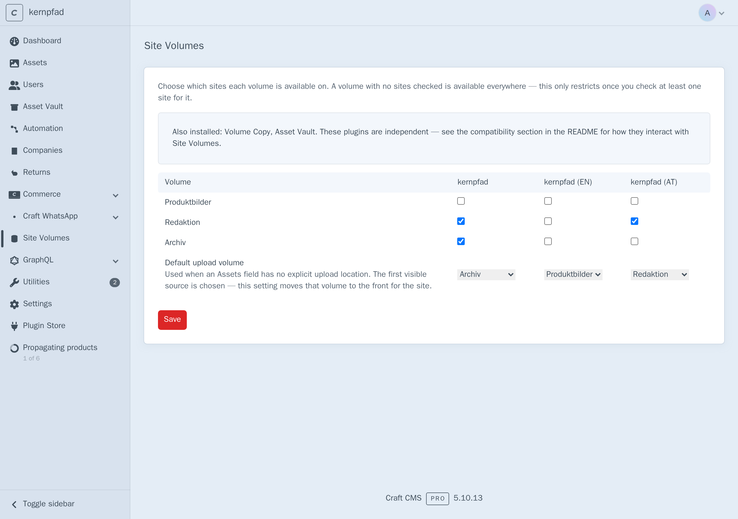 The Craft control panel with Site Volumes in the left sidebar